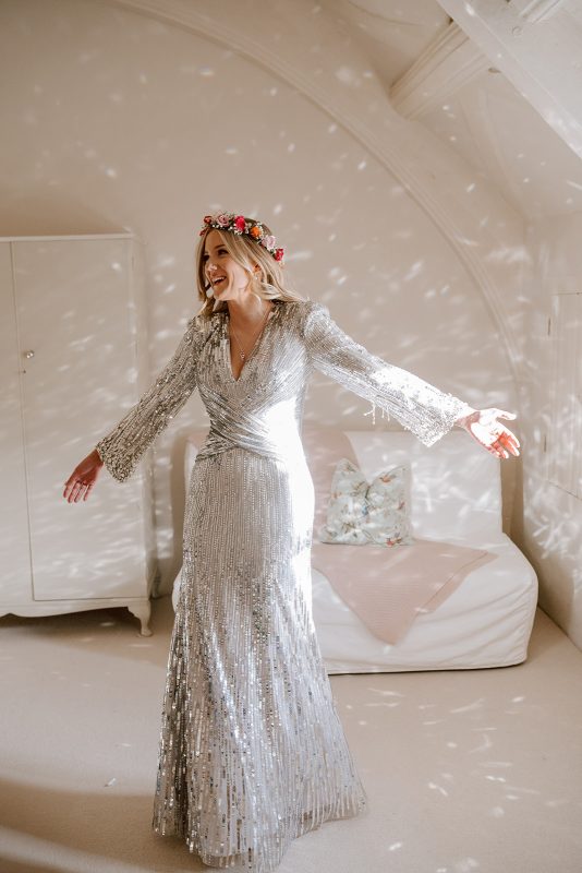 Beth in her sequin wedding dress for her November Wedding to James