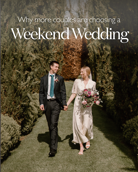 bride and groom couple in the gardens of the great barn devon wedding venue alongside the words 'why couples are choosing a weekend wedding"